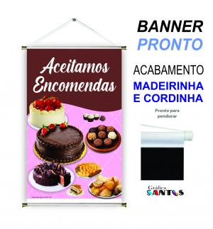 banner pronto tema: Aceitamos Encomendas Lona 280g   Brilho Madeira e cordinha 