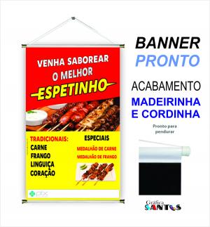 banner pronto tema: Espetinho Lona 280g   Brilho Madeira e cordinha 
