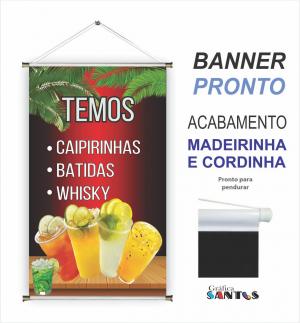banner pronto tema: Caipirinha / Batidas / Whisky Lona 280g   Brilho Madeira e cordinha 