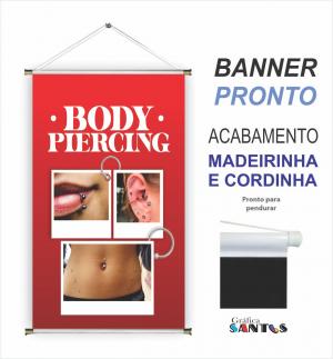 banner pronto tema: Body Piercing Lona 280g   Brilho Madeira e cordinha 