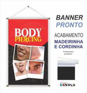 banner pronto tema: Body Piercing Lona 280g   Brilho Madeira e cordinha 