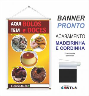 banner pronto tema: Bolo e Doces Lona 280g   Brilho Madeira e cordinha 