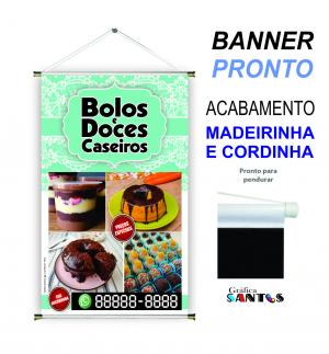 banner pronto tema: Bolo e Doces Lona 280g   Brilho Madeira e cordinha 