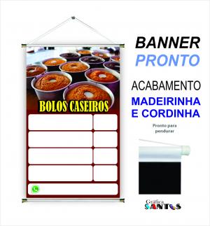 banner pronto tema: Bolos Caseiros Lona 280g   Brilho Madeira e cordinha 