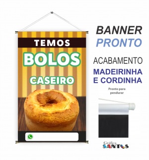 banner pronto tema: Bolos Caseiros Lona 280g   Brilho Madeira e cordinha 