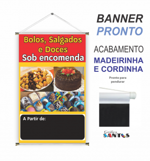 banner pronto tema: Bolos/Salgados/Doces Lona 280g   Brilho Madeira e cordinha 