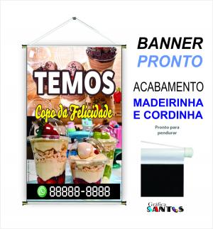 banner pronto tema: Copo da Felicidade Lona 280g   Brilho Madeira e cordinha 