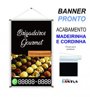banner pronto tema: Brigadeiro Lona 280g   Brilho Madeira e cordinha 