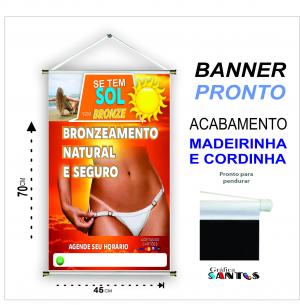 banner pronto tema: Bronzeamento Lona 280g   Brilho Madeira e cordinha 
