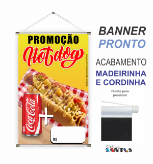 banner pronto tema: Cachorro Quente Lona 280g   Brilho Madeira e cordinha 