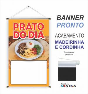 banner pronto tema: Prato do Dia Lona 280g   Brilho Madeira e cordinha 