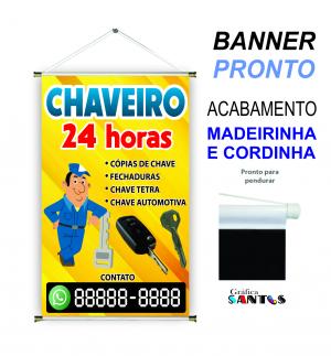 banner pronto tema: Chaveiro 24 horas Lona 280g   Brilho Madeira e cordinha 