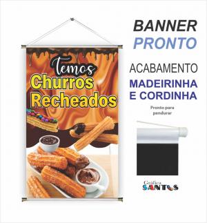 banner pronto tema: Churros Recheados Lona 280g   Brilho Madeira e cordinha 