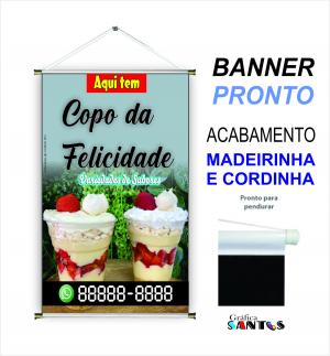 banner pronto tema: Copo da Felicidade Lona 280g   Brilho Madeira e cordinha 