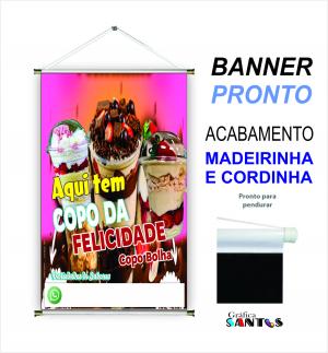 banner pronto tema: Copo da Felicidade Lona 280g   Brilho Madeira e cordinha 