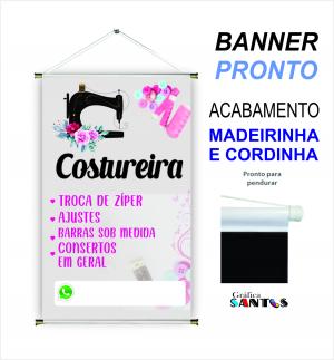 banner pronto tema: Costureira Lona 280g   Brilho Madeira e cordinha 
