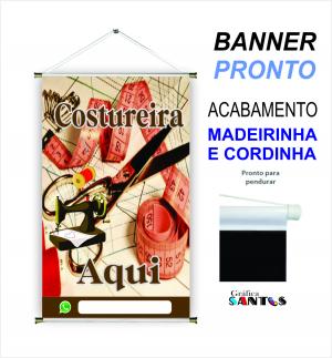 banner pronto tema: Costureira Lona 280g   Brilho Madeira e cordinha 