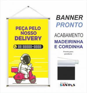 banner pronto tema: Delivery Lona 280g   Brilho Madeira e cordinha 