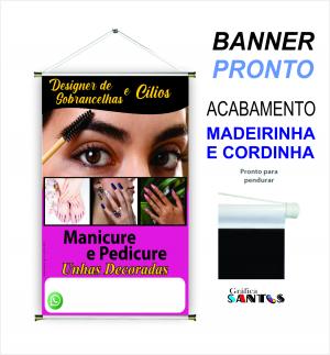 banner pronto tema: Design de Sobrancelhas/Manicure e Pedicure Lona 280g   Brilho Madeira e cordinha 
