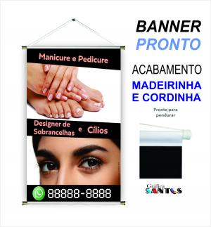 banner pronto tema: Design de Sobrancelhas/Manicure e Pedicure Lona 280g   Brilho Madeira e cordinha 