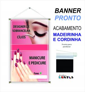 banner pronto tema: Design de Sobrancelhas/Manicure e Pedicure Lona 280g   Brilho Madeira e cordinha 