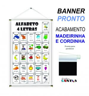 banner pronto tema: Escolar - Alfabeto 4 Letras Lona 280g   Brilho Madeira e cordinha 