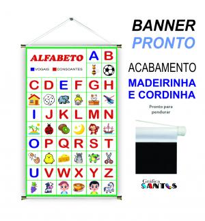 banner pronto tema: Escolar - Alfabeto com Vogais Lona 280g   Brilho Madeira e cordinha 