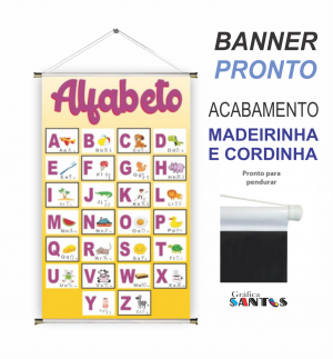 banner pronto tema: Escolar Alfabeto Lona 280g   Brilho Madeira e cordinha 