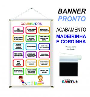 banner pronto tema: Escolar - Chamadinha Lona 280g   Brilho Madeira e cordinha 