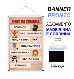 banner pronto tema: Escolar - Dias da Semana Lona 280g   Brilho Madeira e cordinha 