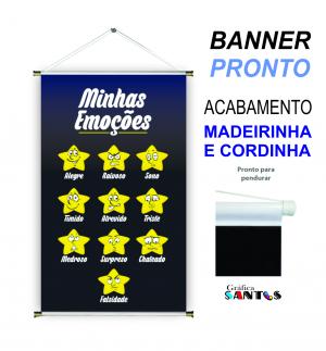 banner pronto tema: Escolar - Emoções Lona 280g   Brilho Madeira e cordinha 