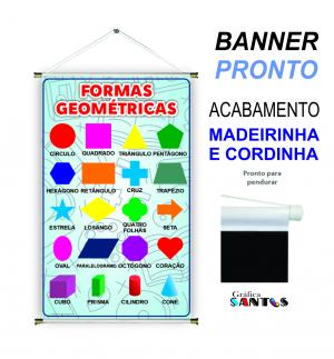 banner pronto tema: Escolar - Formas Geométricas Lona 280g   Brilho Madeira e cordinha 