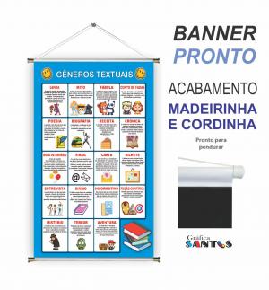 banner pronto tema: Escolar - Gêneros Textuais Lona 280g   Brilho Madeira e cordinha 