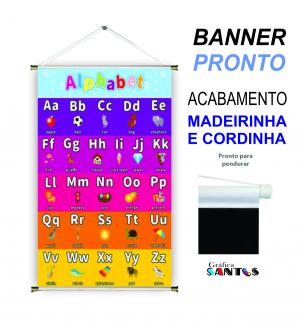 banner pronto tema: Escolar - Inglês (ABC) Lona 280g   Brilho Madeira e cordinha 