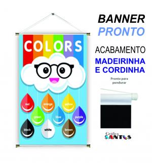 banner pronto tema: Escolar - Inglês (Cores) Lona 280g   Brilho Madeira e cordinha 