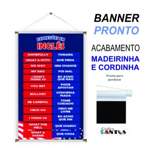 banner pronto tema: Escolar - Inglês (Expressões) Lona 280g   Brilho Madeira e cordinha 