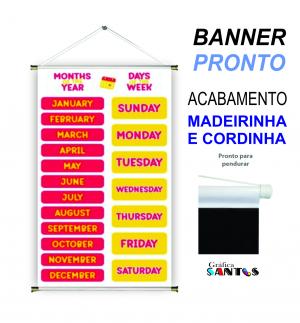 banner pronto tema: Escolar - Inglês (Meses) Lona 280g   Brilho Madeira e cordinha 