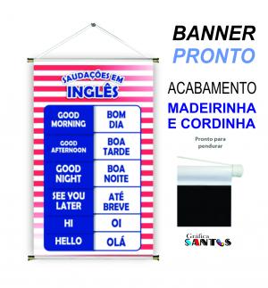banner pronto tema: Escolar - Inglês (Saudações) Lona 280g   Brilho Madeira e cordinha 