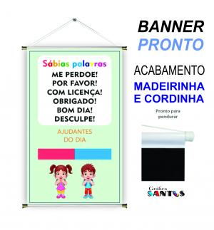 banner pronto tema: Escolar - Palavra Mágica Lona 280g   Brilho Madeira e cordinha 
