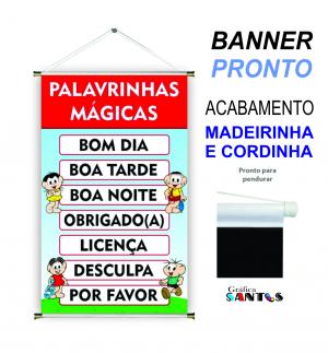 banner pronto tema: Escolar - Palavra Mágica Lona 280g   Brilho Madeira e cordinha 