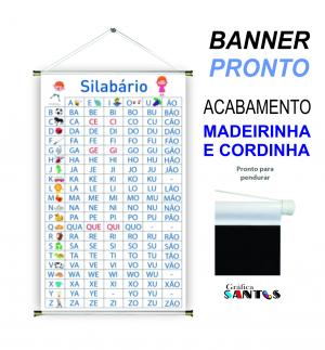 banner pronto tema: Escolar - Sílabas Lona 280g   Brilho Madeira e cordinha 