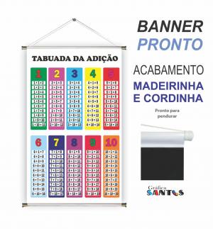 banner pronto tema: Escolar - Tabuada (Adição) Lona 280g   Brilho Madeira e cordinha 