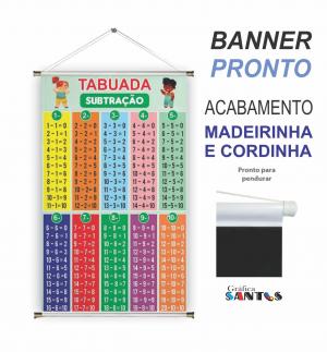 banner pronto tema: Escolar - Tabuada (Subtração) Lona 280g   Brilho Madeira e cordinha 