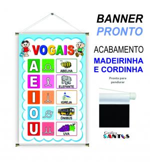 banner pronto tema: Escolar - Vogais Lona 280g   Brilho Madeira e cordinha 