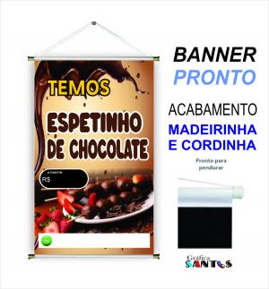 banner pronto tema: Espetinho de Chocolate Lona 280g   Brilho Madeira e cordinha 