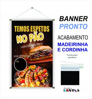 banner pronto tema: Espetinho no Pão Lona 280g   Brilho Madeira e cordinha 