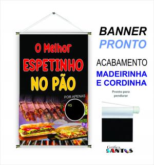 banner pronto tema: Espetinho no Pão Lona 280g   Brilho Madeira e cordinha 