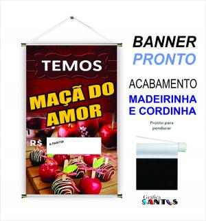banner pronto tema: Maçã do Amor Lona 280g   Brilho Madeira e cordinha 