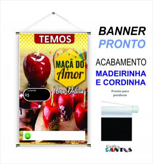 banner pronto tema: Maçã do Amor Lona 280g   Brilho Madeira e cordinha 