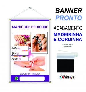 banner pronto tema: Manicure / Pedicure Lona 280g   Brilho Madeira e cordinha 